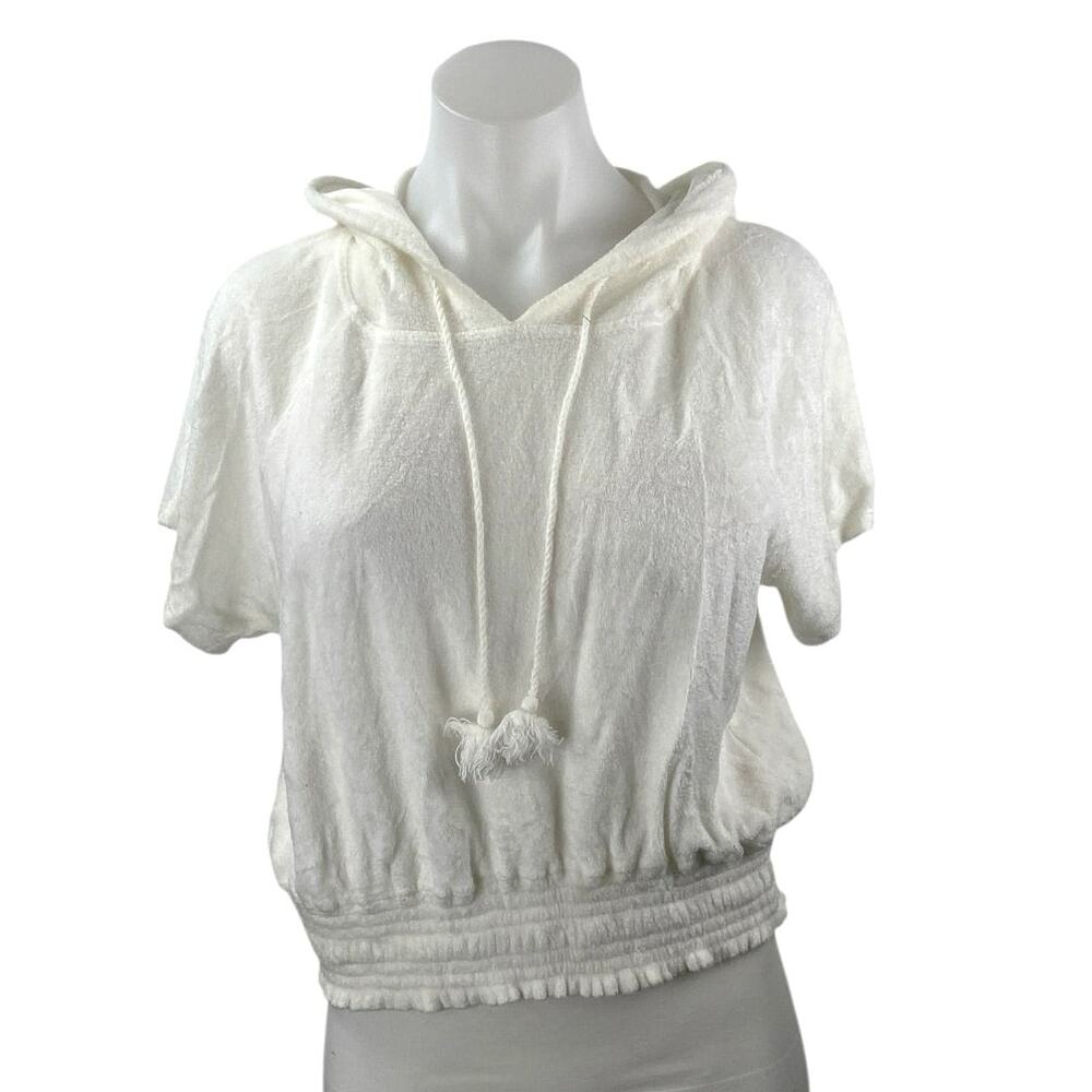 Bella Dahl White Tassels Short Sleeve Hooded Hoodie Sweatshirt Sweater Top Sz L